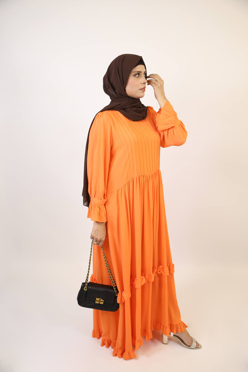 Samahah- Graceful Linen maxi dress with pintuck pleats and ruffled hem-Pumpkin Orange