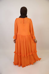 Samahah- Graceful Linen maxi dress with pintuck pleats and ruffled hem-Pumpkin Orange