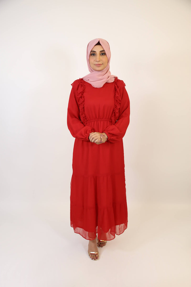 Ameeq- Ethereal Chiffon fully lined maxi dress with ruffled detailing and puffed sleeves- Cherry Red