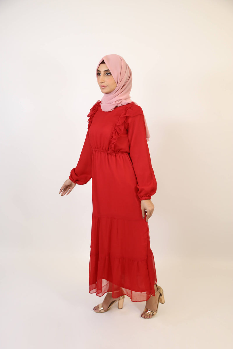 Ameeq- Ethereal Chiffon fully lined maxi dress with ruffled detailing and puffed sleeves- Cherry Red