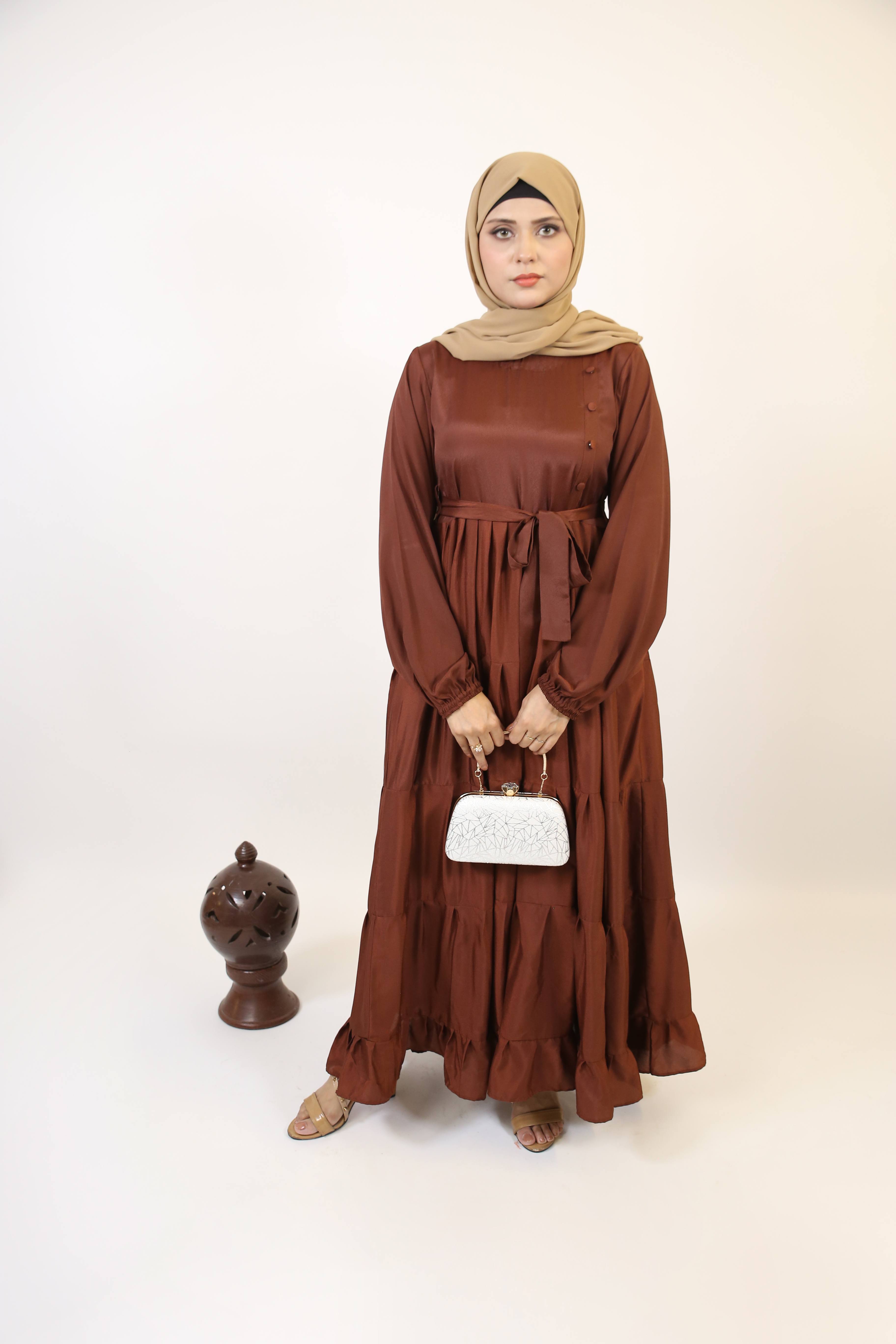 Halim- Dreamy no sheer maxi dress with ruffled tiered frock style- Rust brown