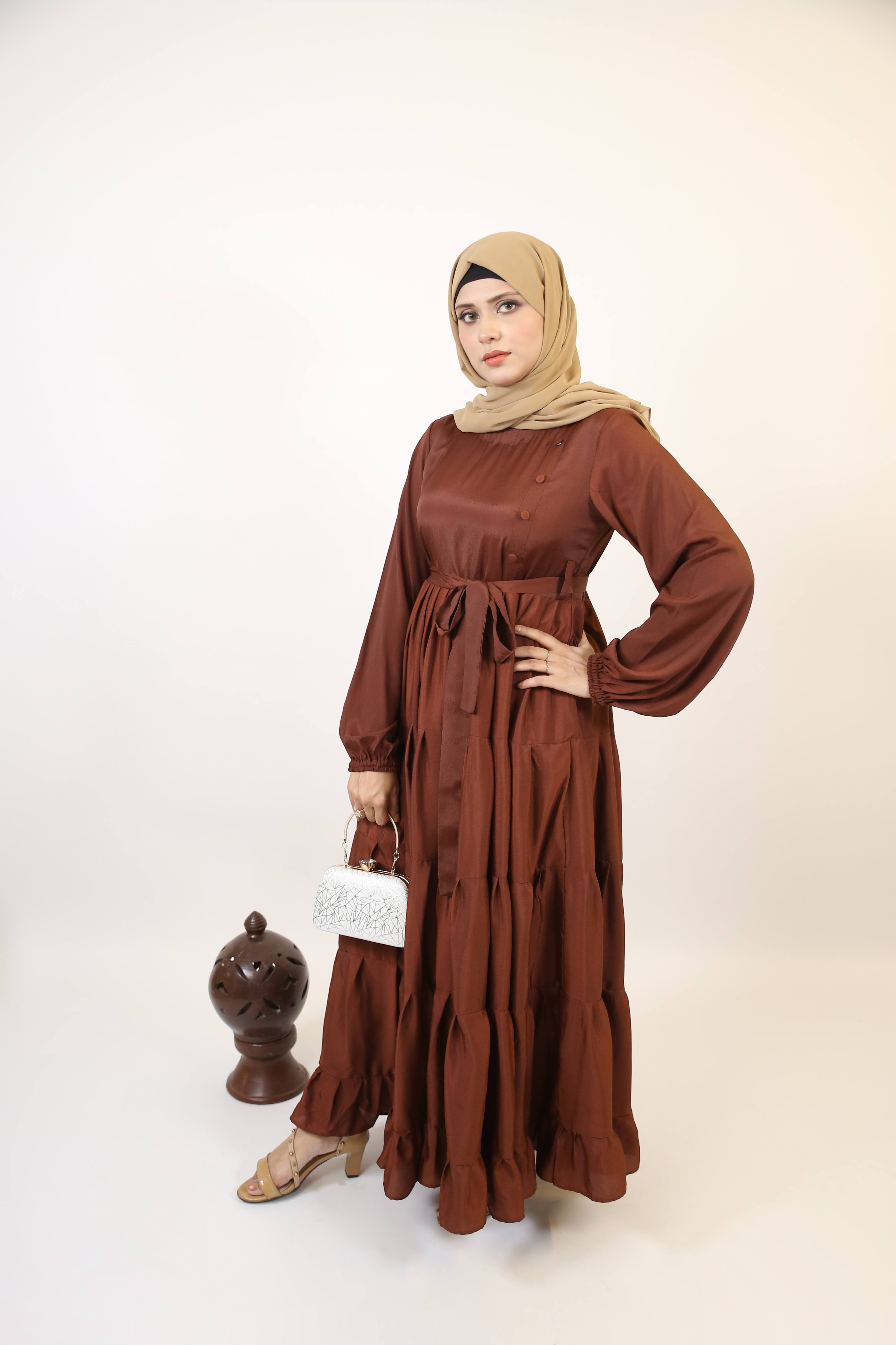 Halim- Dreamy no sheer maxi dress with ruffled tiered frock style- Rust brown