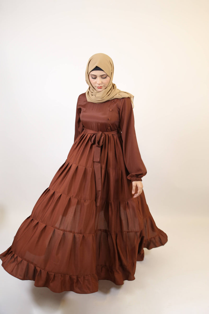 Halim- Dreamy no sheer maxi dress with ruffled tiered frock style- Rust brown