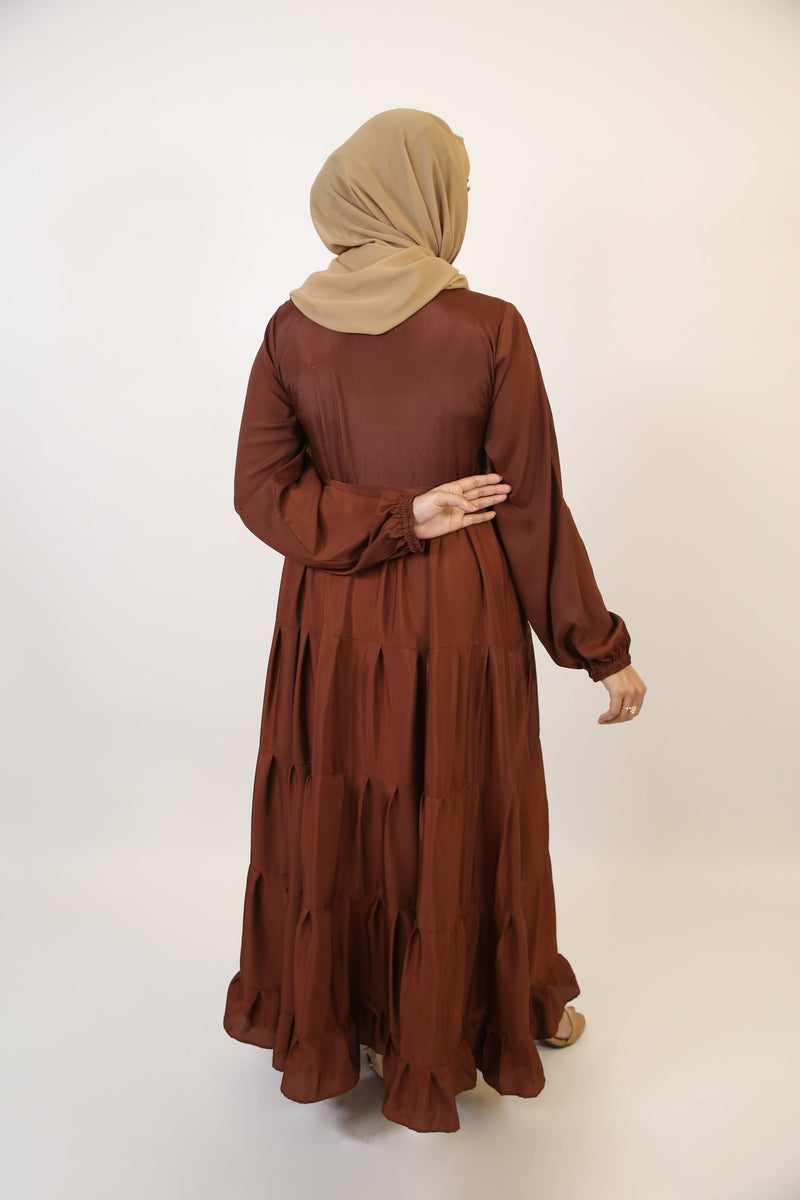 Halim- Dreamy no sheer maxi dress with ruffled tiered frock style- Rust brown