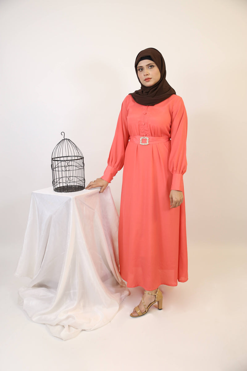 Baqah- Enchanting maxi dress with belt embellishment and cuffed sleeves- Apricot pink