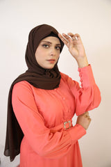 Baqah- Enchanting maxi dress with belt embellishment and cuffed sleeves- Apricot pink