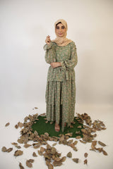 Taftah- Timeless Chiffon lined green floral printed maxi dress with tiered ruffle and balloon sleeves with matching belt