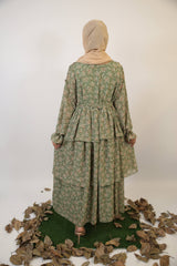 Taftah- Timeless Chiffon lined green floral printed maxi dress with tiered ruffle and balloon sleeves with matching belt