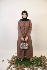Abadi- Classic chiffon fully lined maxi dress with button down ruffles- Pale Brown