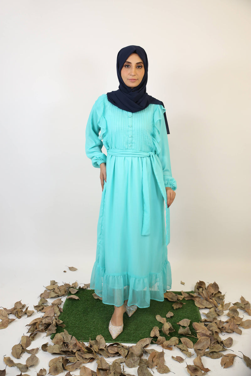 Baariz- Striking Chiffon lined maxi dress with piping and ruffle detailing front with belt- Aquamarine Blue