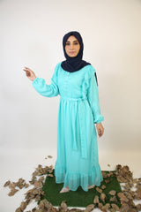 Baariz- Striking Chiffon lined maxi dress with piping and ruffle detailing front with belt- Aquamarine Blue