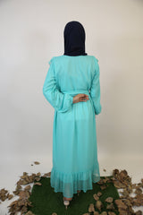 Mommy & Me ✨ Baariz- Striking Chiffon lined maxi dress with piping and ruffle detailing front with belt- Aquamarine Blue