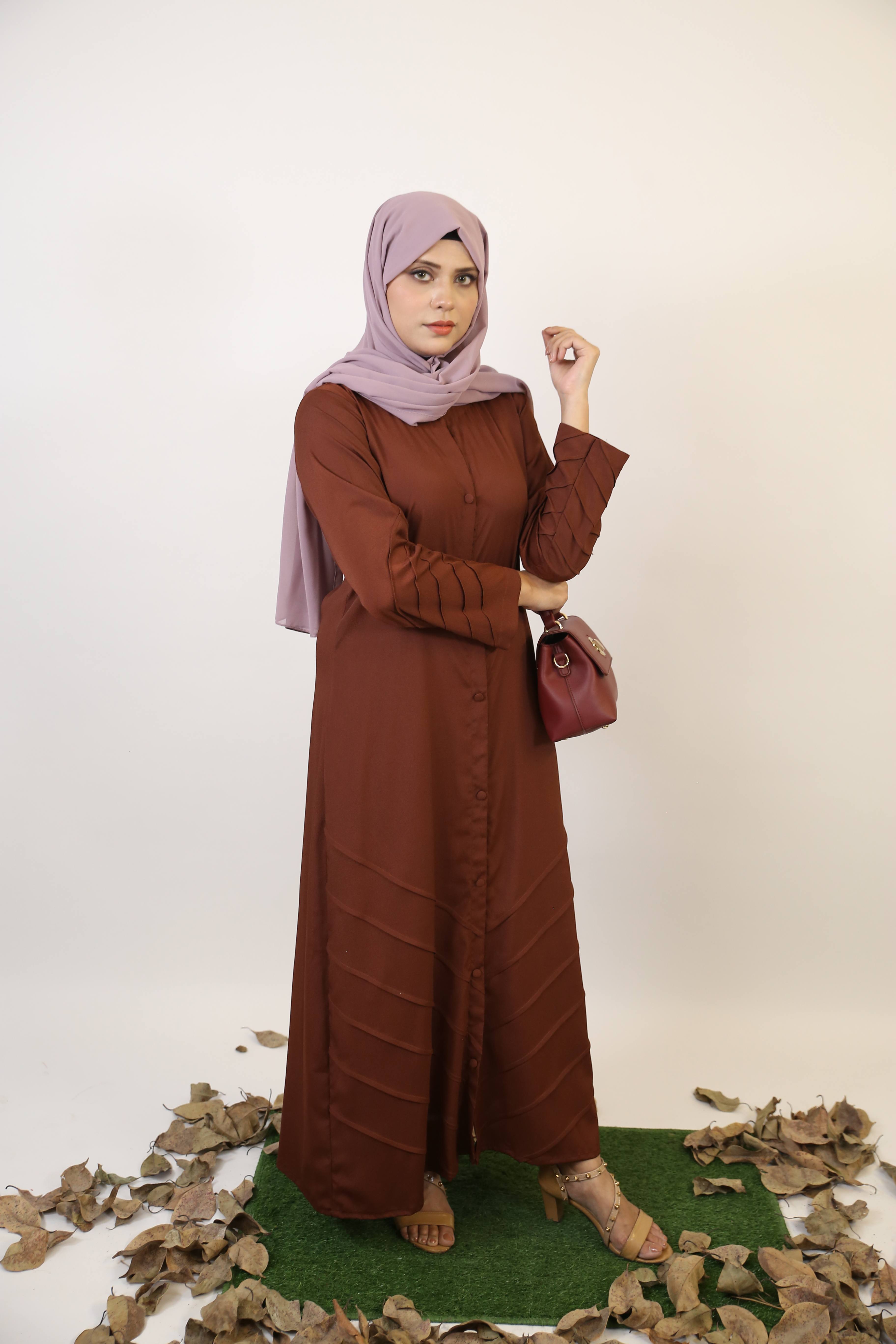 Saher- Enchanting wrinkle free abaya dress with piping details- Cocoa Brown