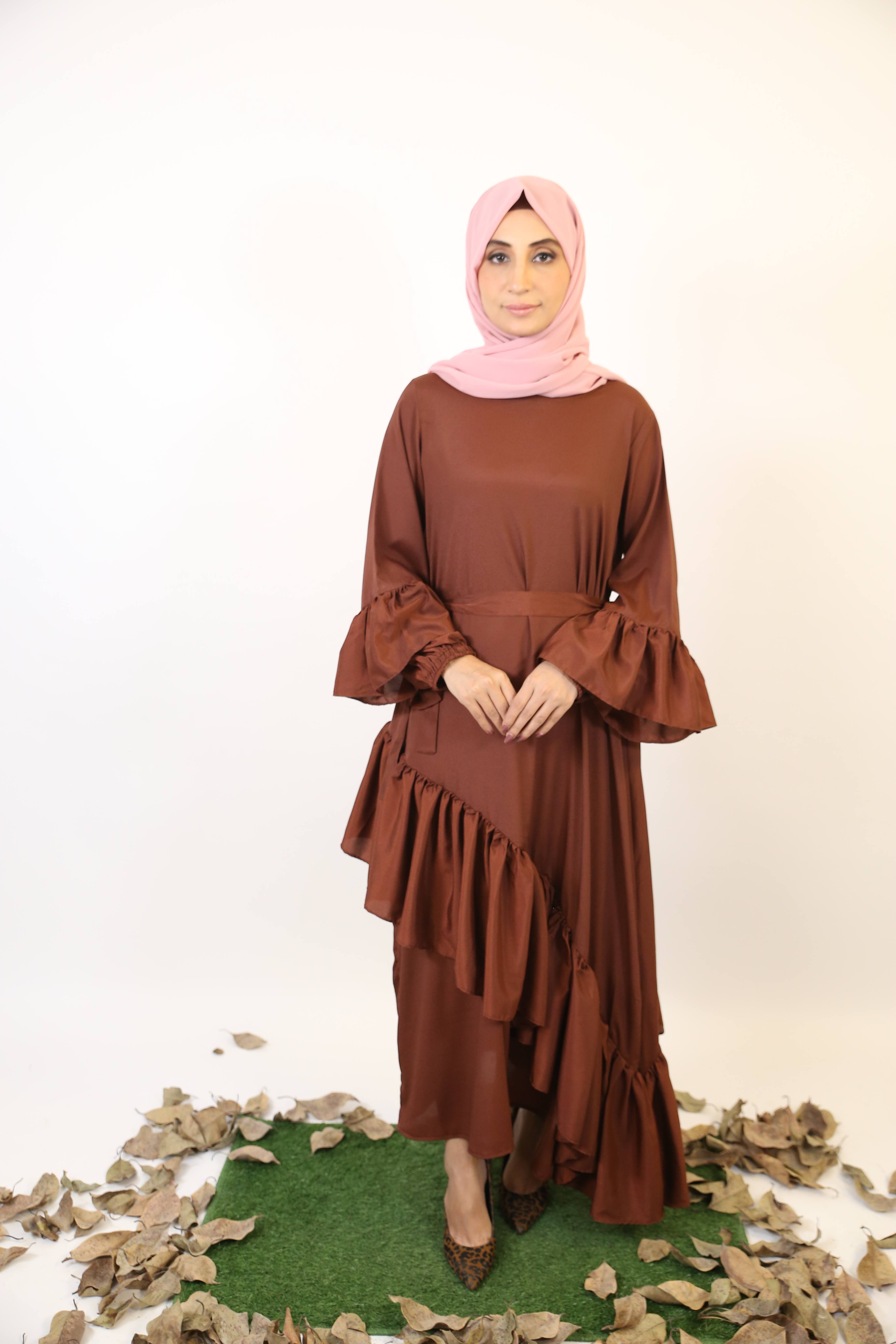 Amber- Glamorous modest maxi dress with slant cut hem and balloon sleeves- Coffee brown