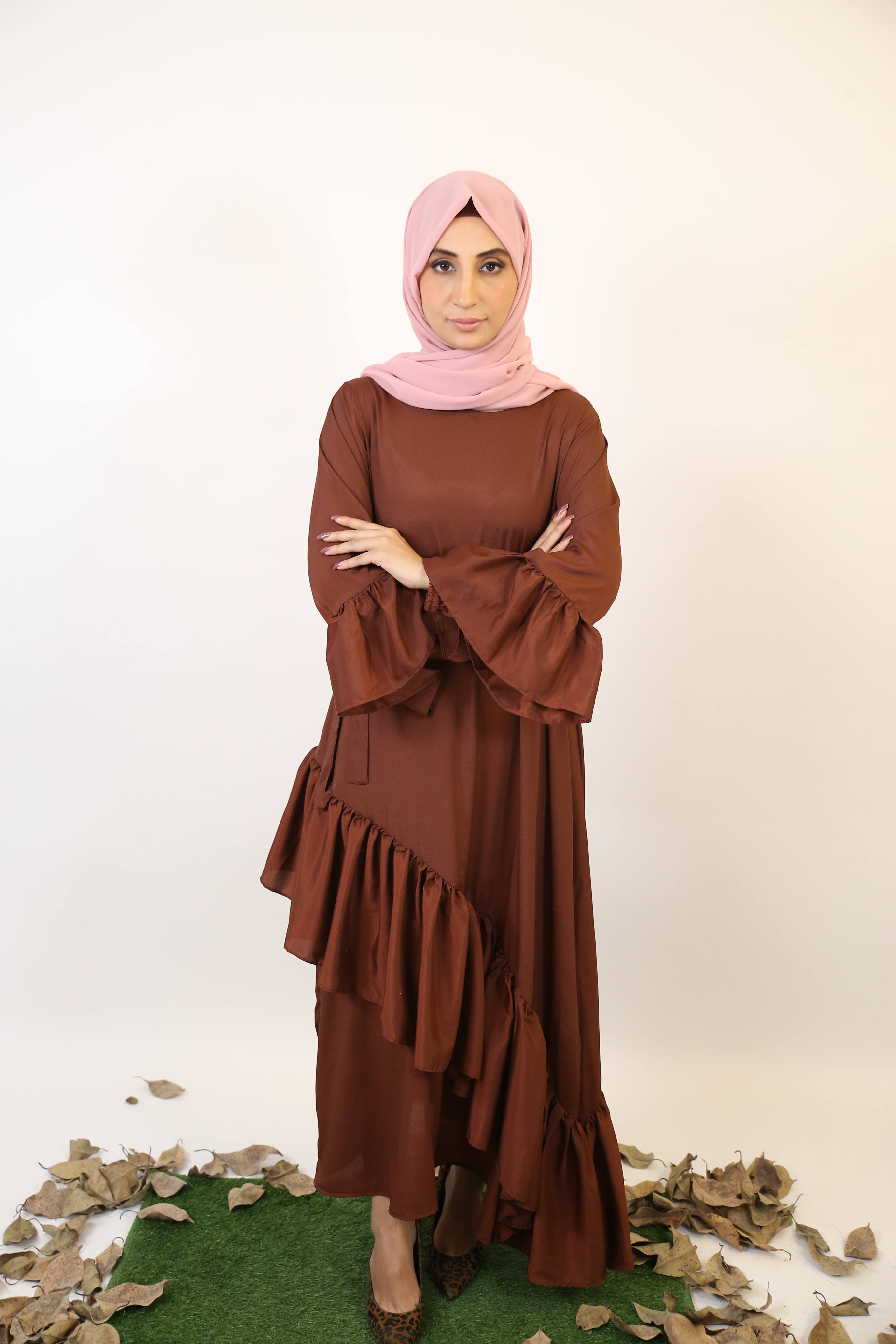 Amber- Glamorous modest maxi dress with slant cut hem and balloon sleeves- Coffee brown