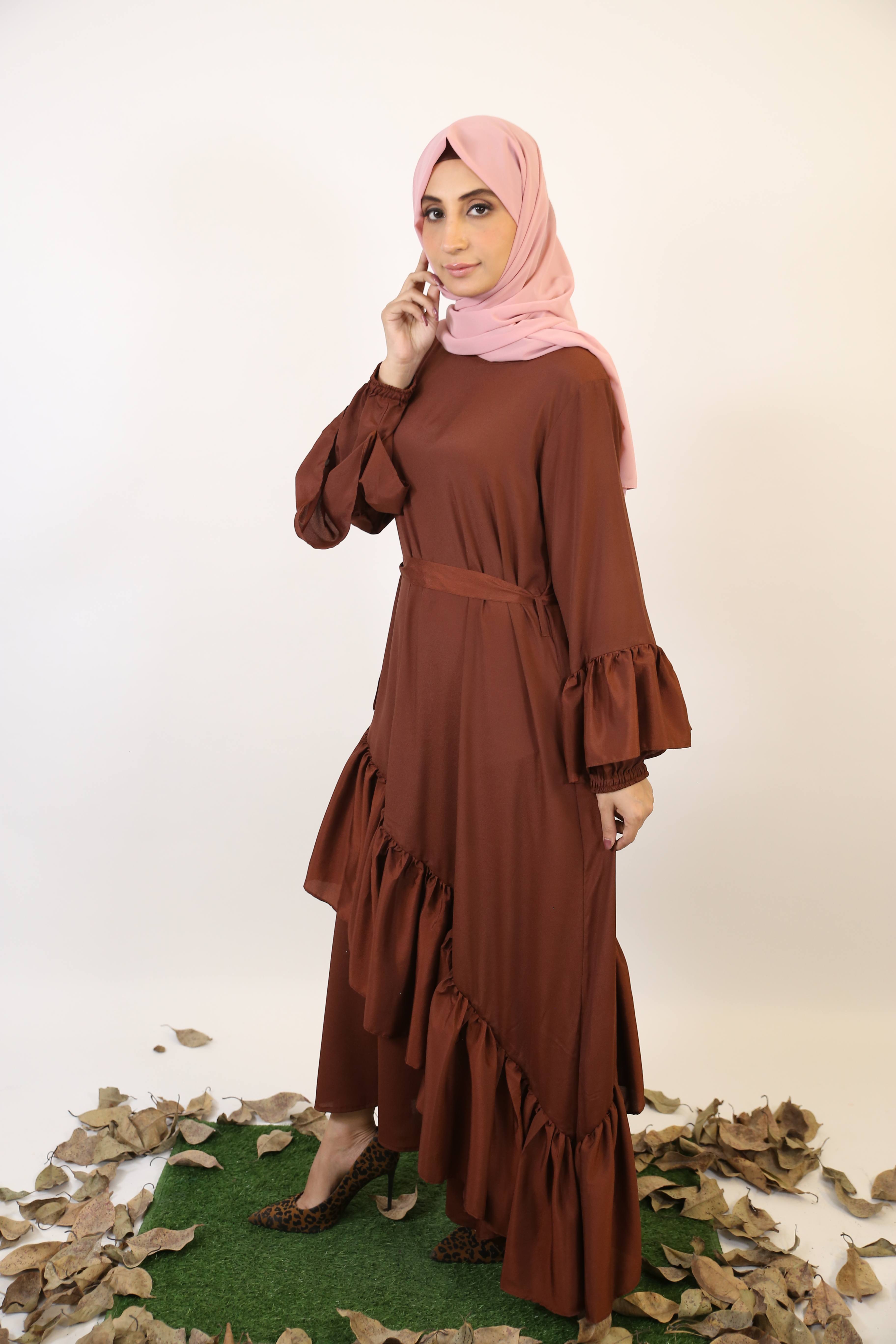 Amber- Glamorous modest maxi dress with slant cut hem and balloon slee Amber- Glamorous modest maxi dress with slant cut hem and balloon slee