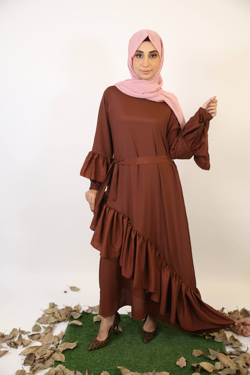 Amber- Glamorous modest maxi dress with slant cut hem and balloon sleeves- Coffee brown