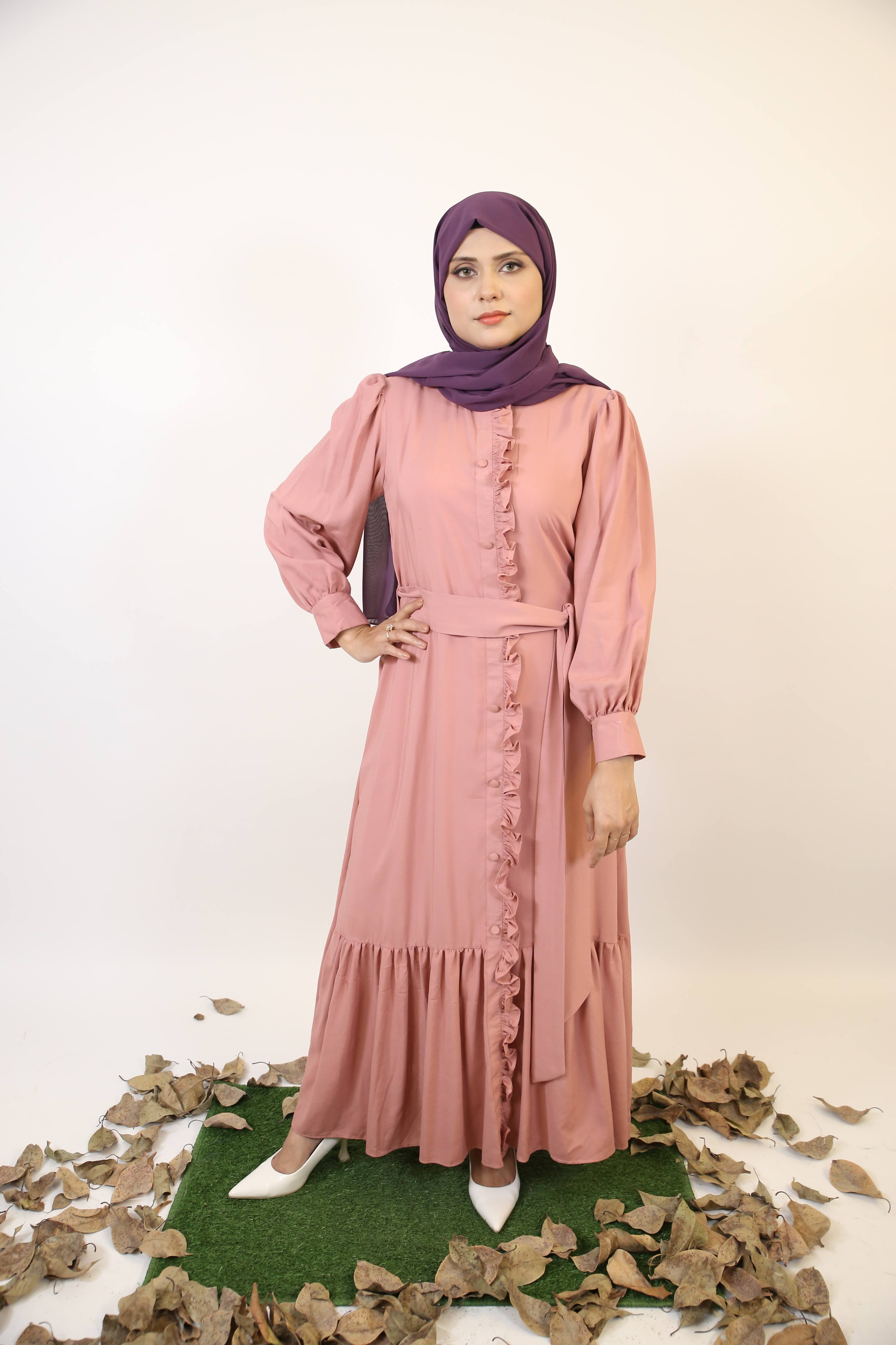 Farah- Elegant Linen maxi dress with ruffled down and flared hem- Salmon Pink