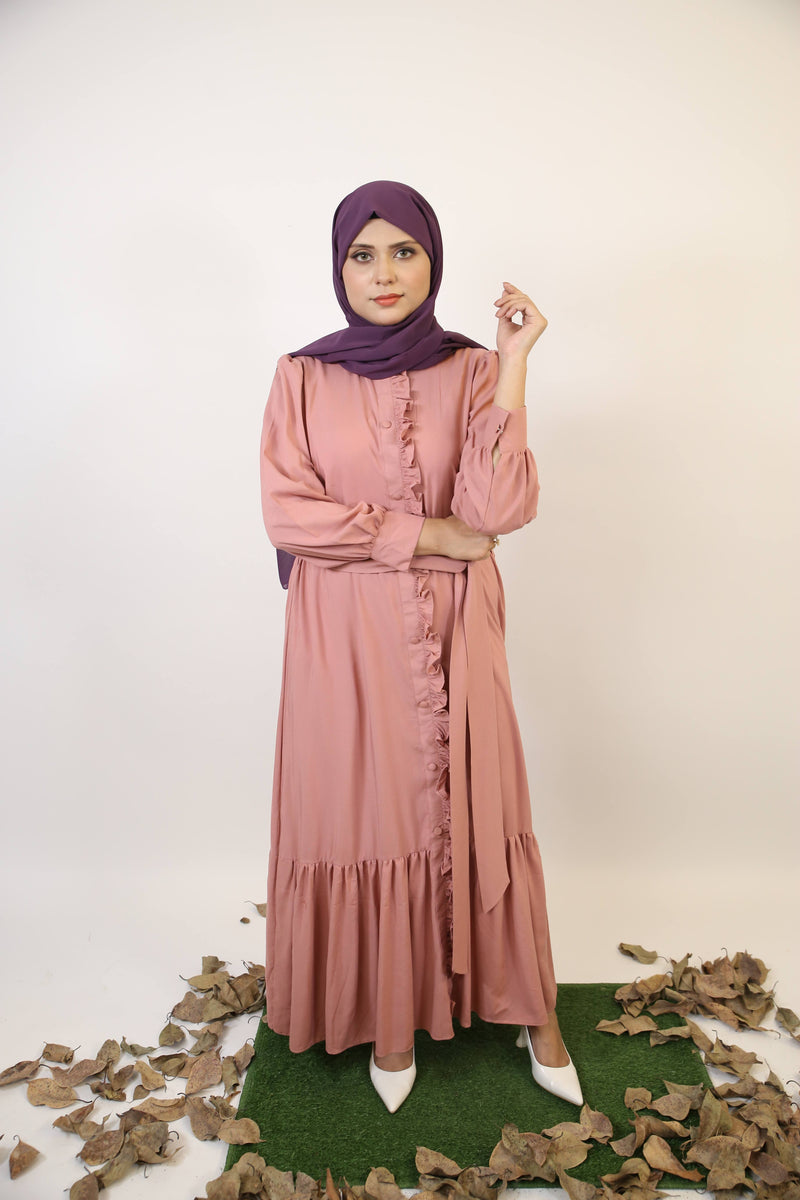 Farah- Elegant Linen maxi dress with ruffled down and flared hem- Salmon Pink