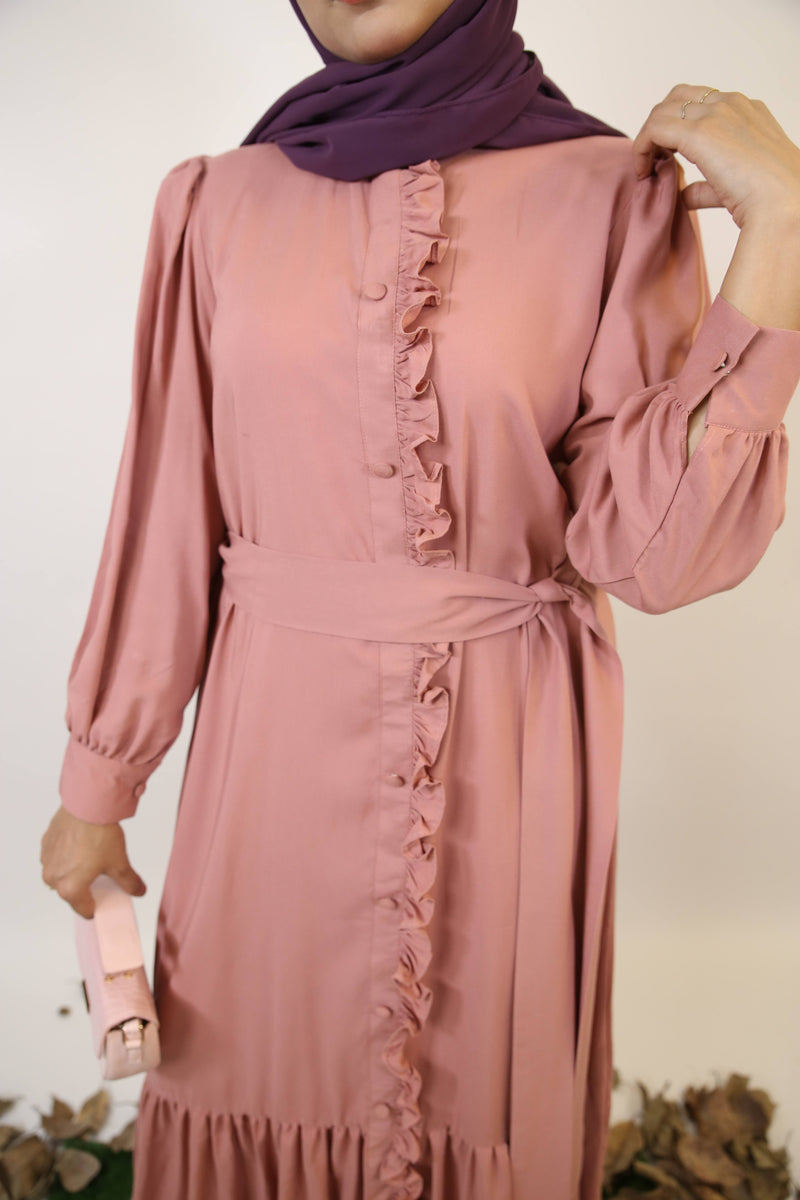 Farah- Elegant Linen maxi dress with ruffled down and flared hem- Salmon Pink