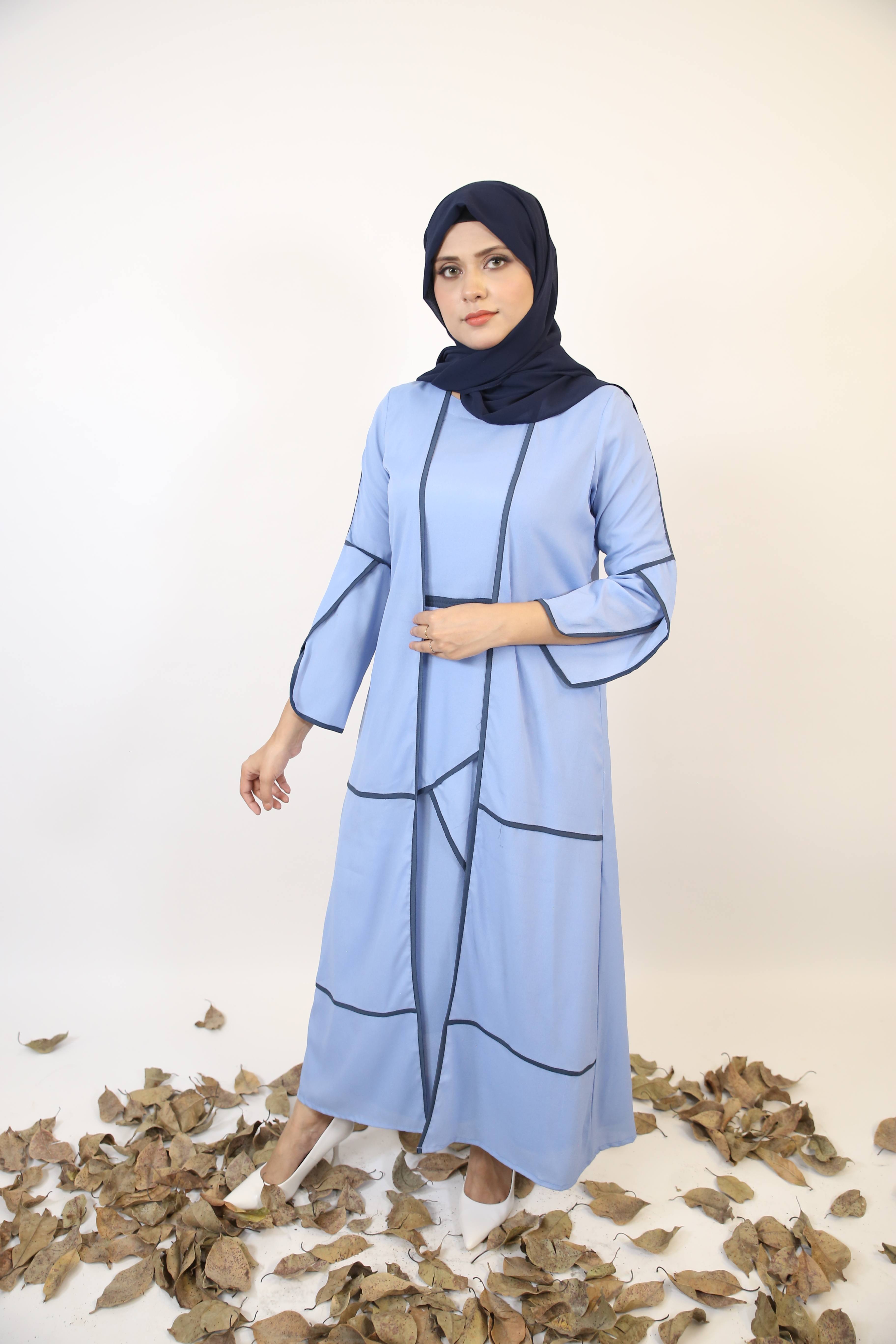 Raye- Stunning baby blue abaya with contrast overlock detailing in Sapphire blue