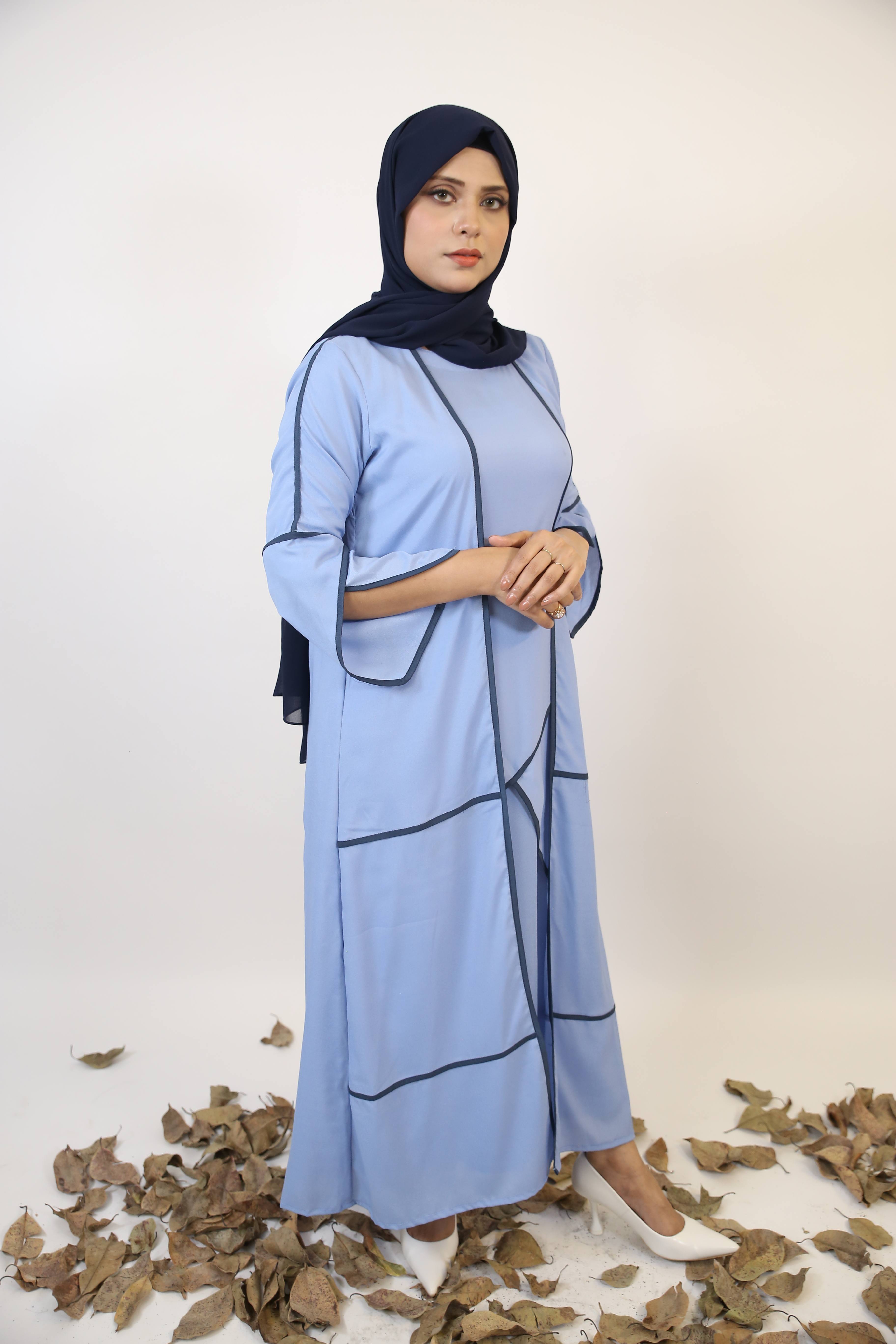 Raye- Stunning baby blue abaya with contrast overlock detailing in Sapphire blue