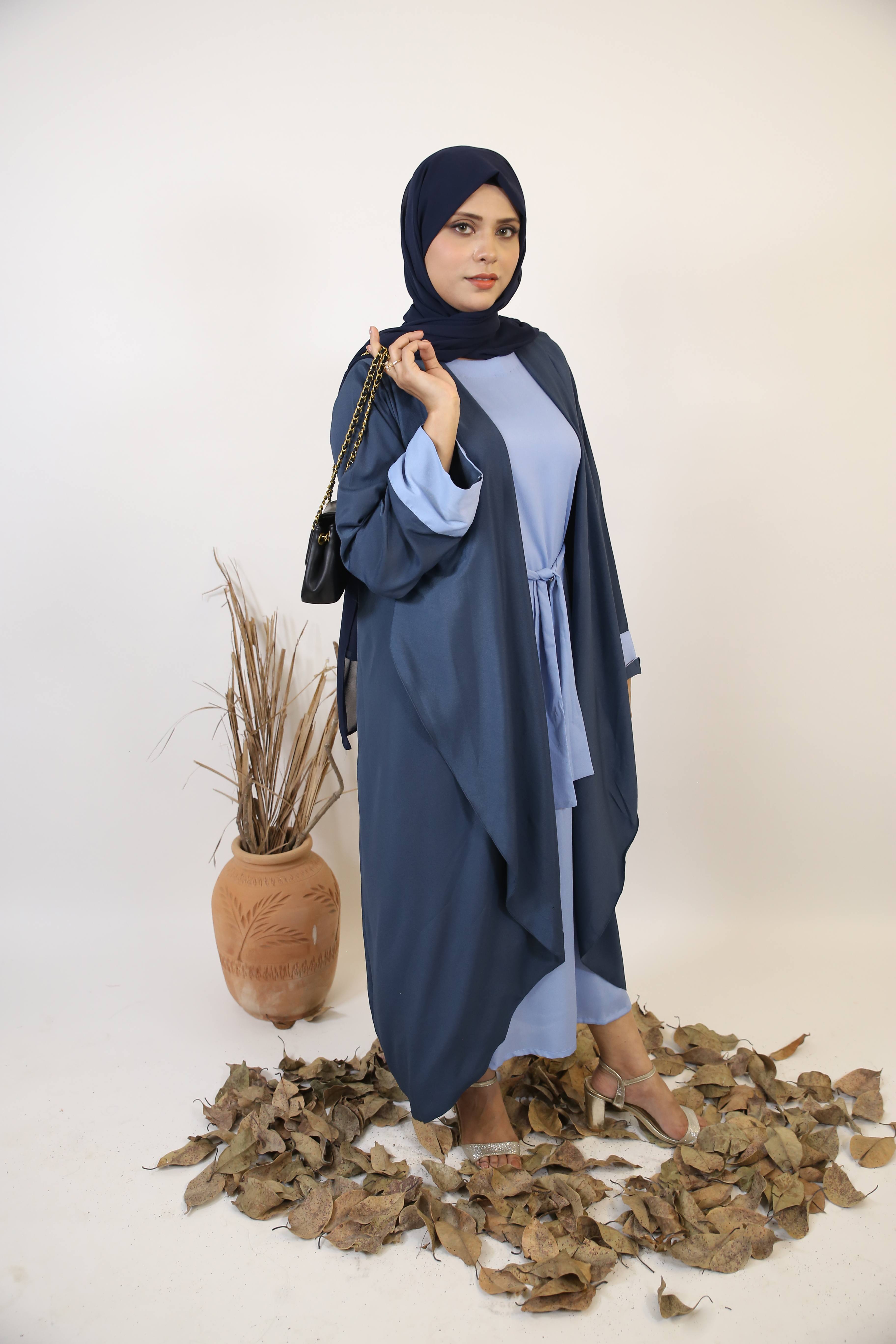 Tabayan- Dramatic Dual tone throw over abaya with contrast of baby blue inner slip dress