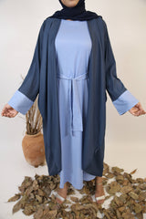 Tabayan- Dramatic Dual tone throw over abaya with contrast of baby blue inner slip dress
