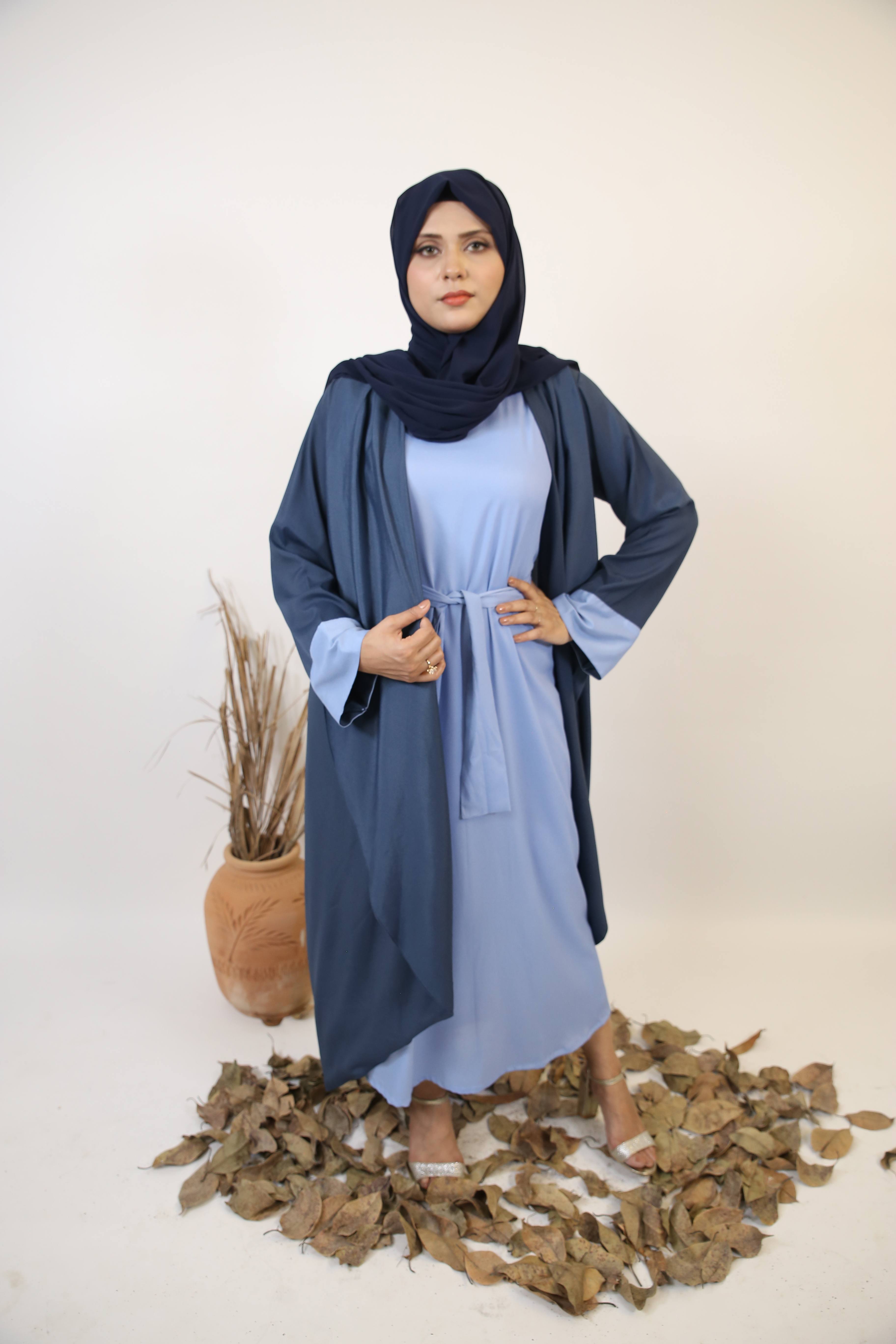 Tabayan- Dramatic Dual tone throw over abaya with contrast of baby blue inner slip dress