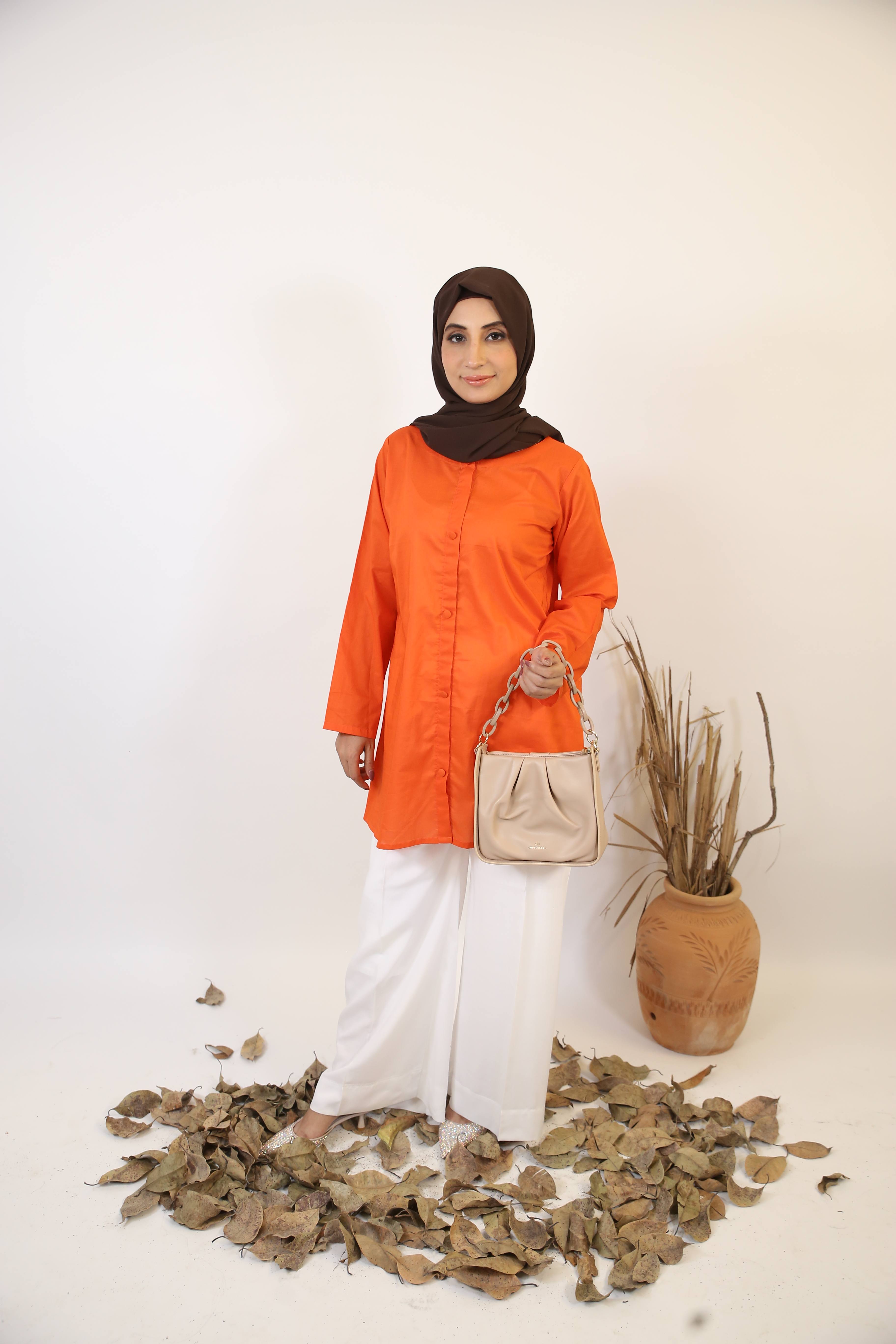 Mushie- Comfortable cotton modest full sleeves shirt with front buttons- Neon Orange