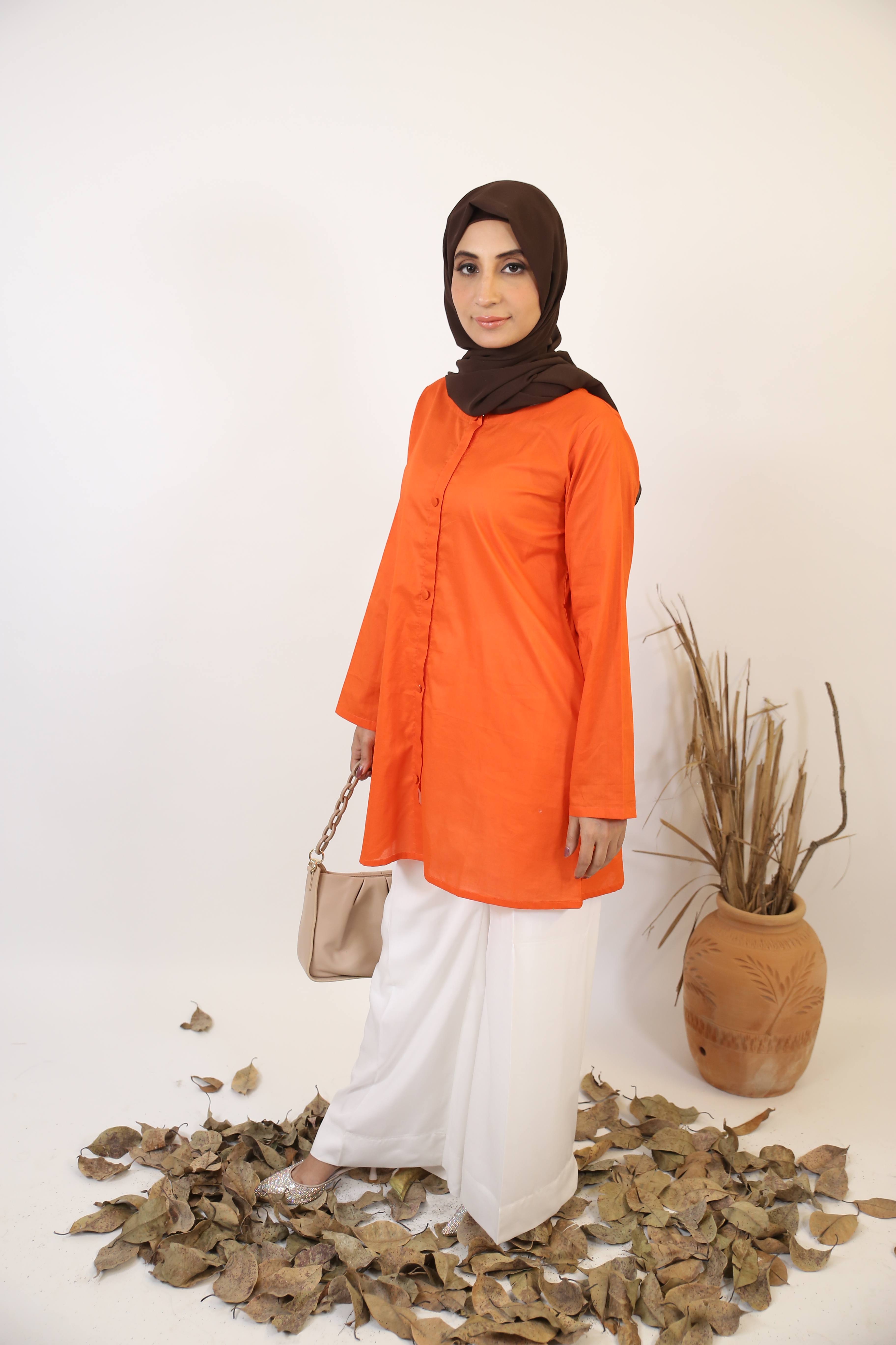 Mushie- Comfortable cotton modest full sleeves shirt with front buttons- Neon Orange