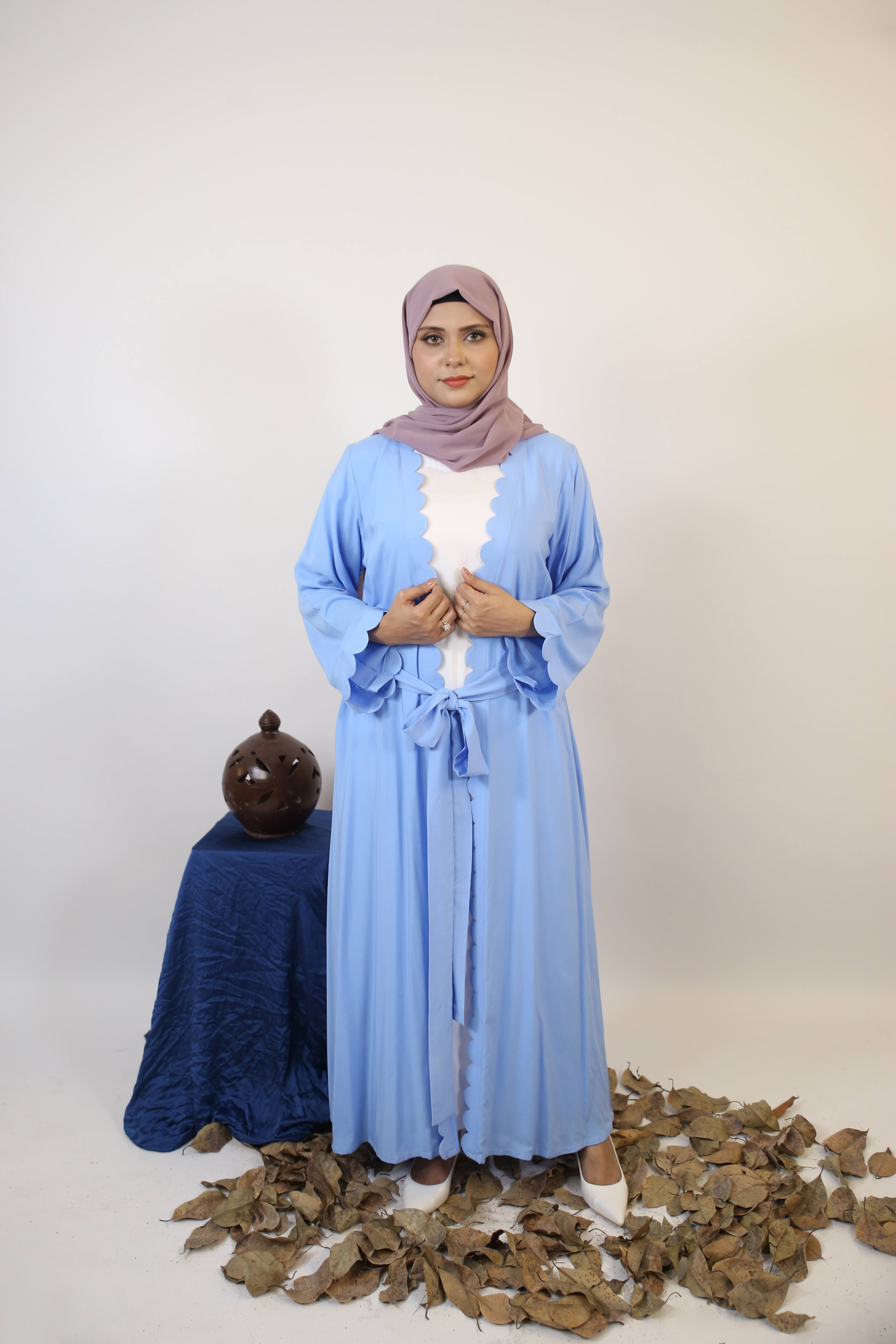 Katb- Radiant linen throw over abaya with cutout detailing and detachable belt with white inner slip dress- sky blue