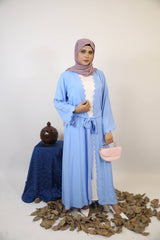 Katb- Radiant linen throw over abaya with cutout detailing and detachable belt with white inner slip dress- sky blue
