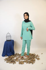 Lami- Dazzling modest two piece co ord set with belt embellishment and cuffed sleeves-Mint green