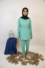 Lami- Dazzling modest two piece co ord set with belt embellishment and cuffed sleeves-Mint green