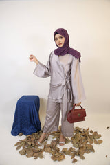 Aqdah- Chic Satin modest two piece co ord set with knot detailing and spanish pants- Silver Grey