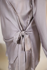 Aqdah- Chic Satin modest two piece co ord set with knot detailing and spanish pants- Silver Grey