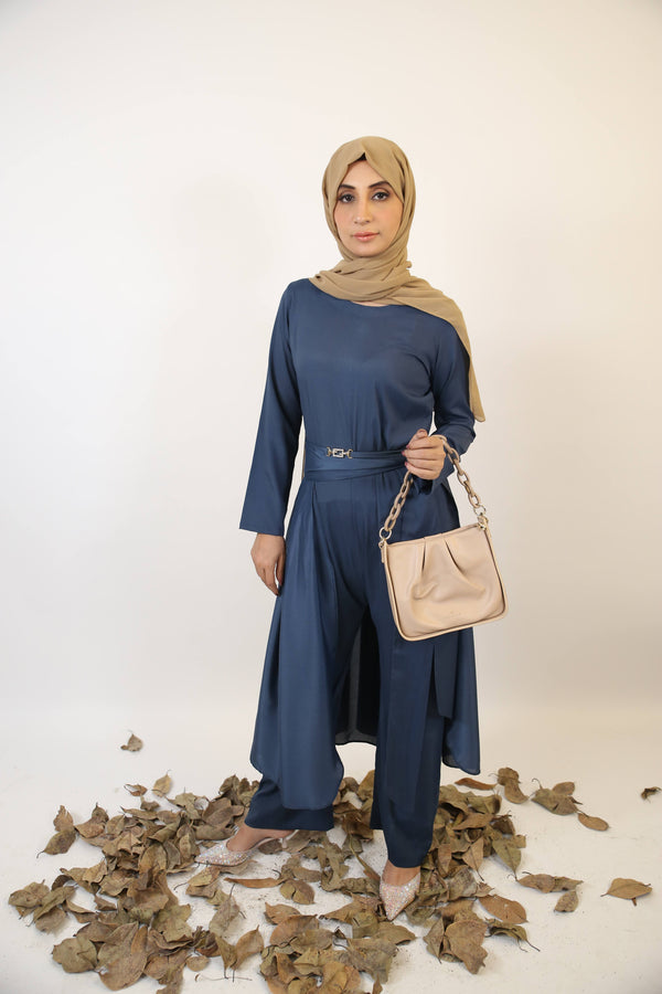 Mumtia- Chic modest style jumpsuit dress with belt embellishment and apron- Indigo blue