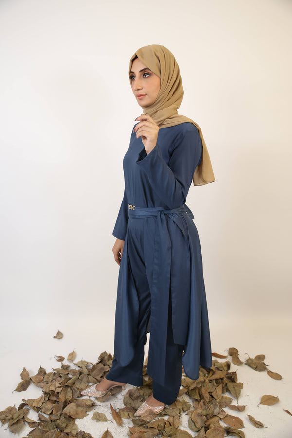 Mumtia- Chic modest style jumpsuit dress with belt embellishment and apron- Indigo blue