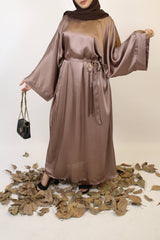 Castana- Dazzling Satin batwing abaya with kimono sleeves- khaki beige