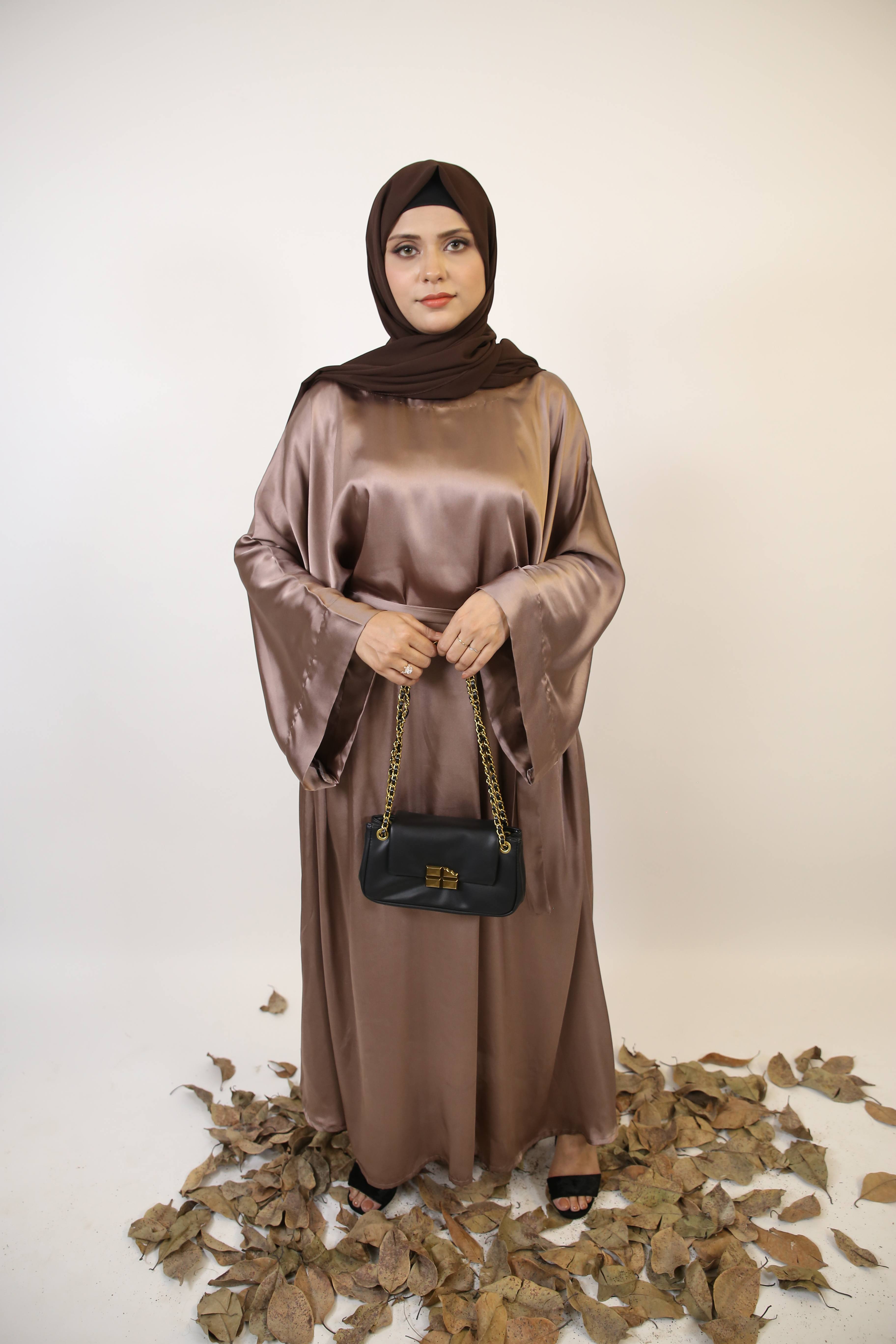 Castana- Dazzling Satin batwing abaya with kimono sleeves- khaki beige