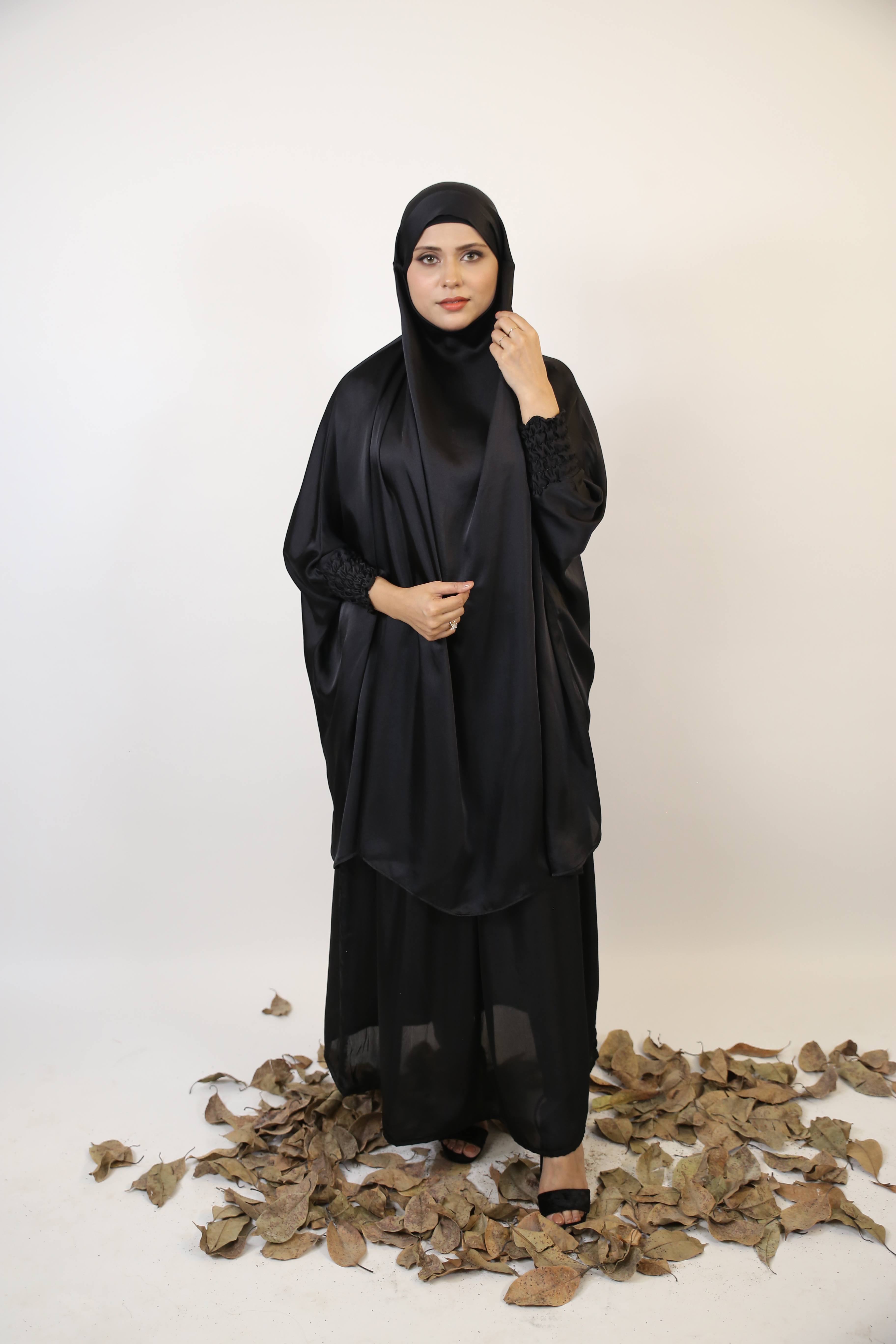 Anaqah- Elegant payers set in khimar style with ribbed sleeves and loose skirt- Black