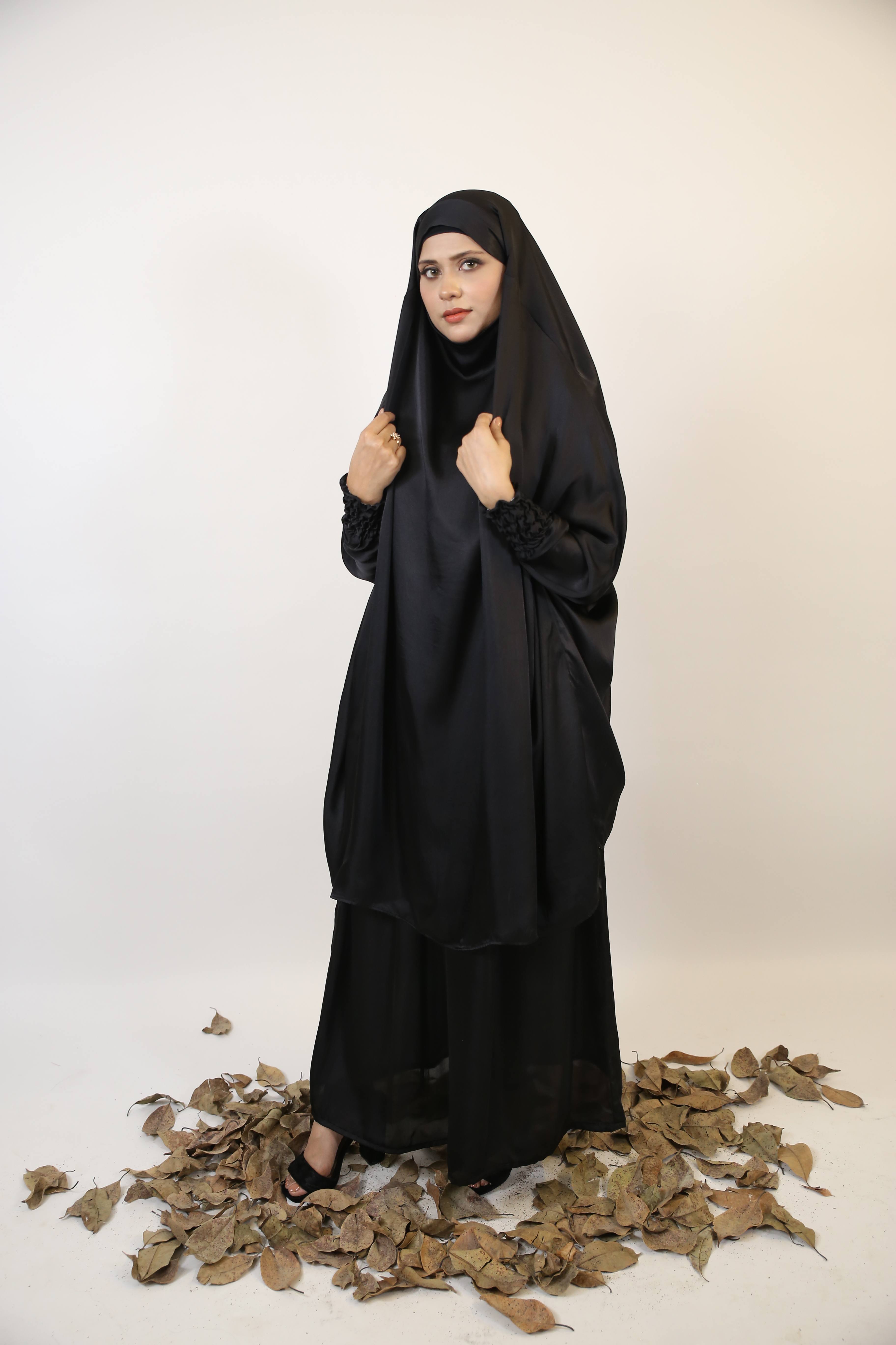 Anaqah- Elegant payers set in khimar style with ribbed sleeves and loose skirt- Black