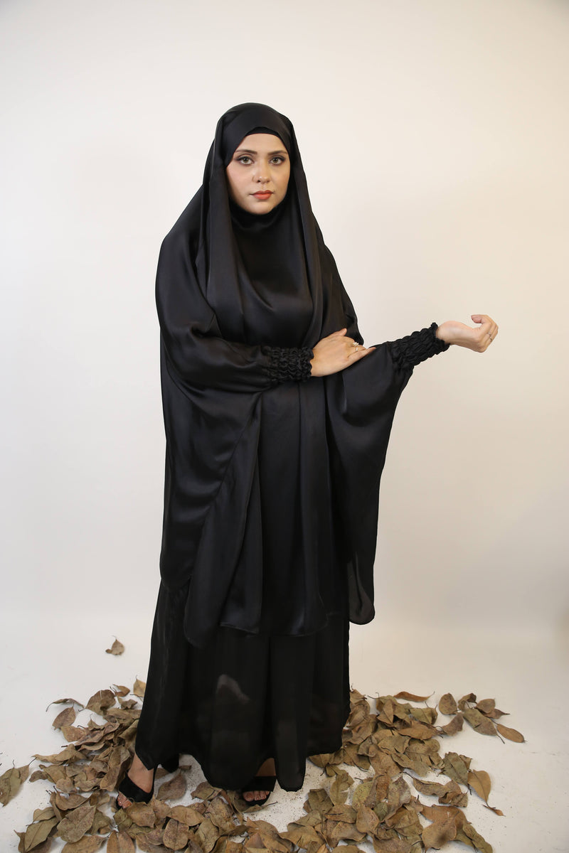 Anaqah- Elegant payers set in khimar style with ribbed sleeves and loose skirt- Black