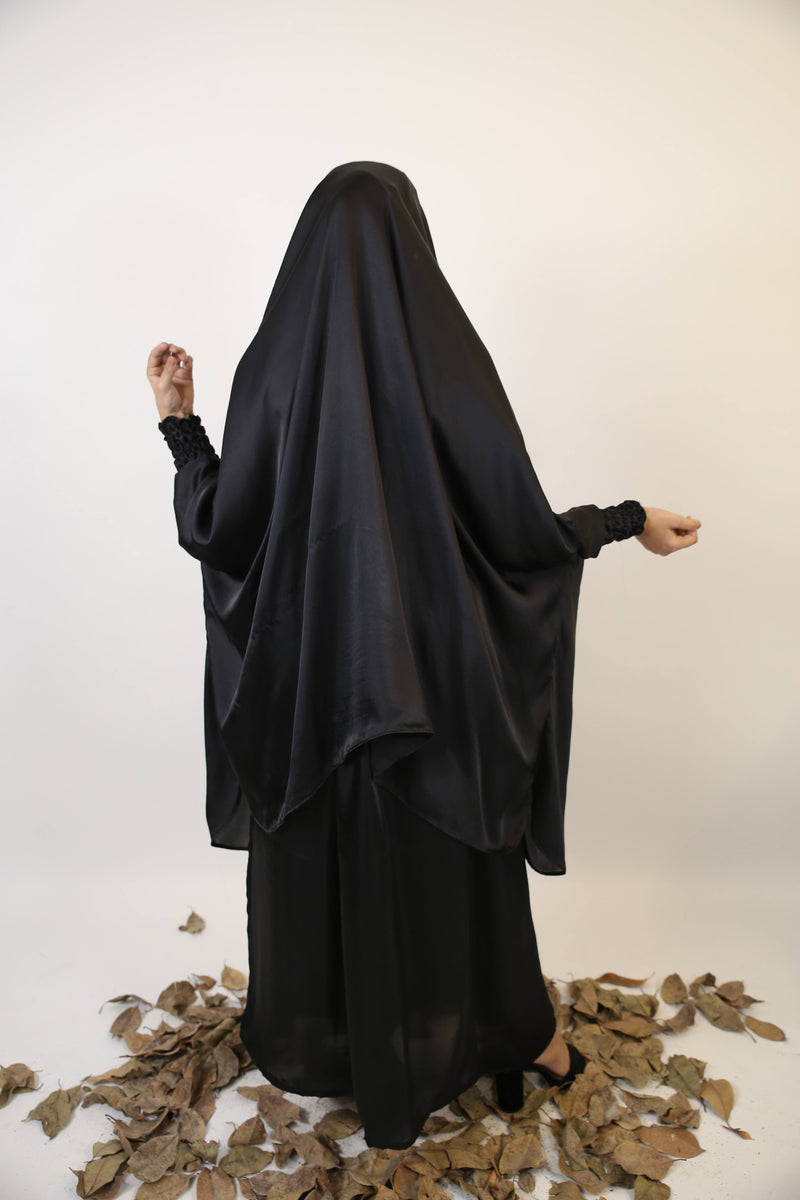 Anaqah- Elegant payers set in khimar style with ribbed sleeves and loose skirt- Black