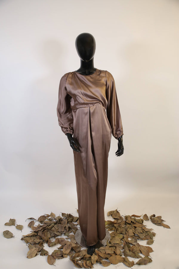 Khushub- Elegant Satin maxi dress with buttons on back detailing- Brown