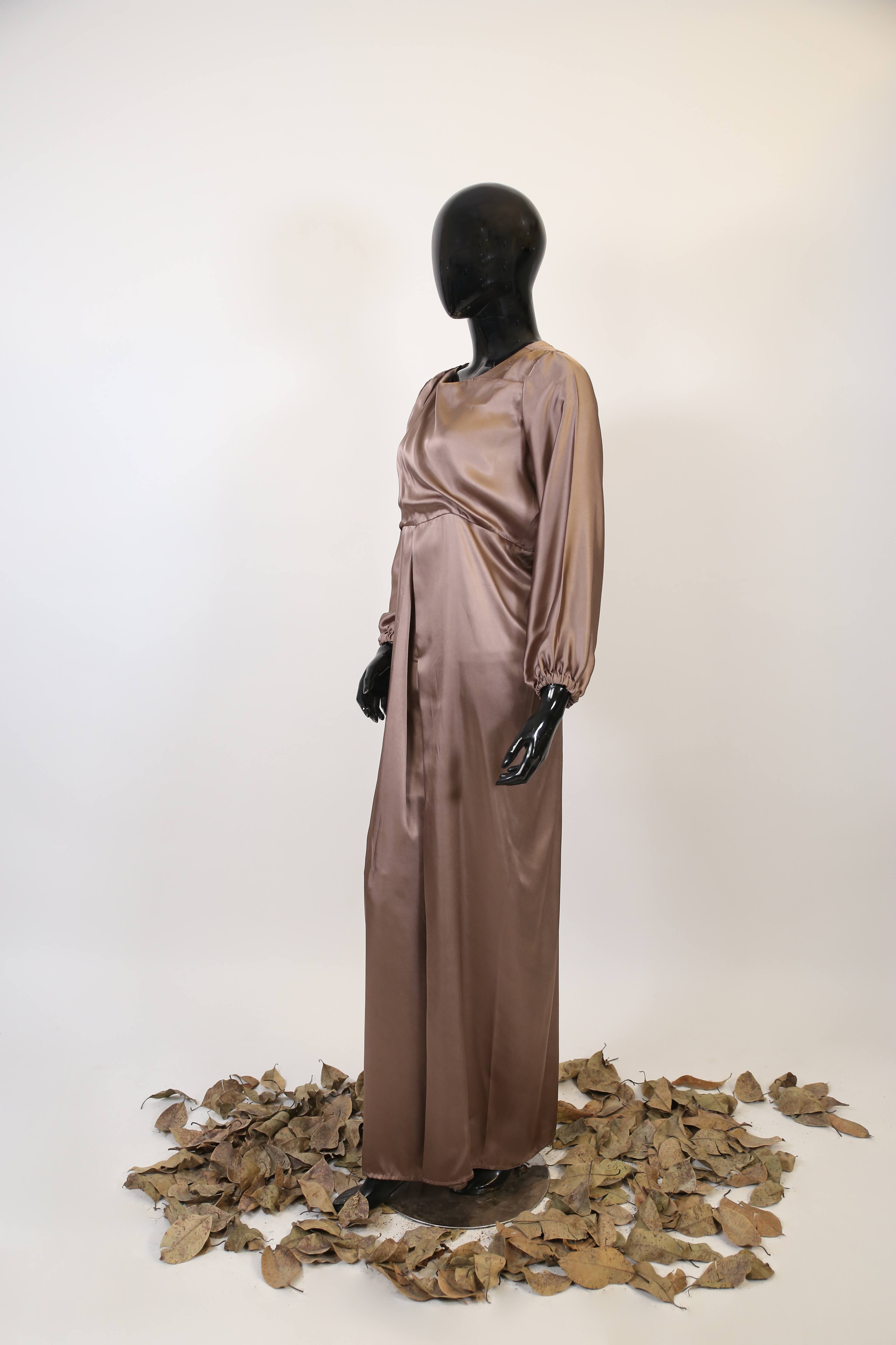 Khushub- Elegant Satin maxi dress with buttons on back detailing- Brown