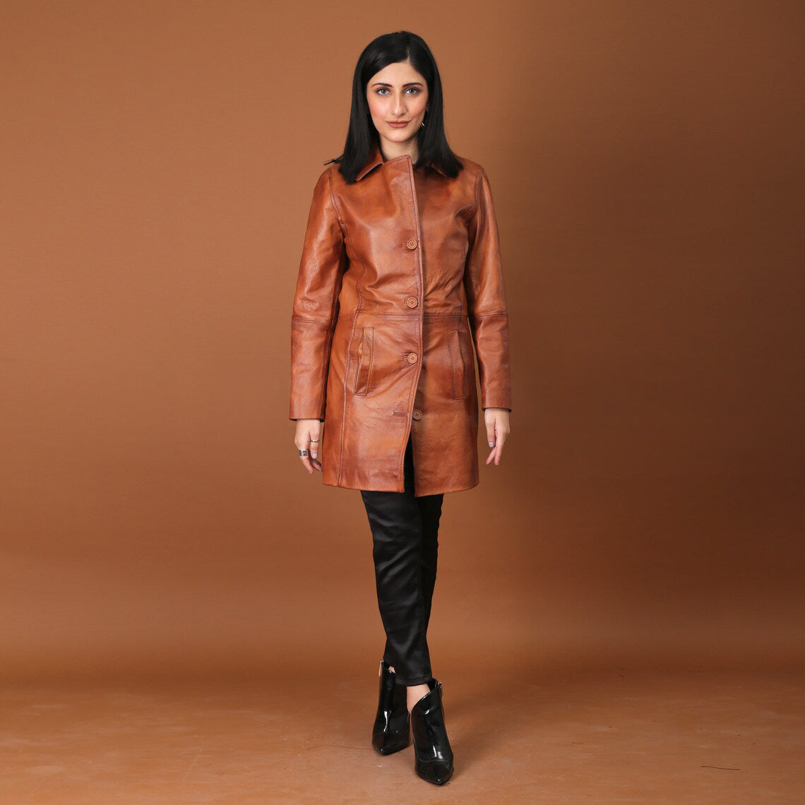 Timeless Elegance Handmade Tan Leather Trench Coat for Women