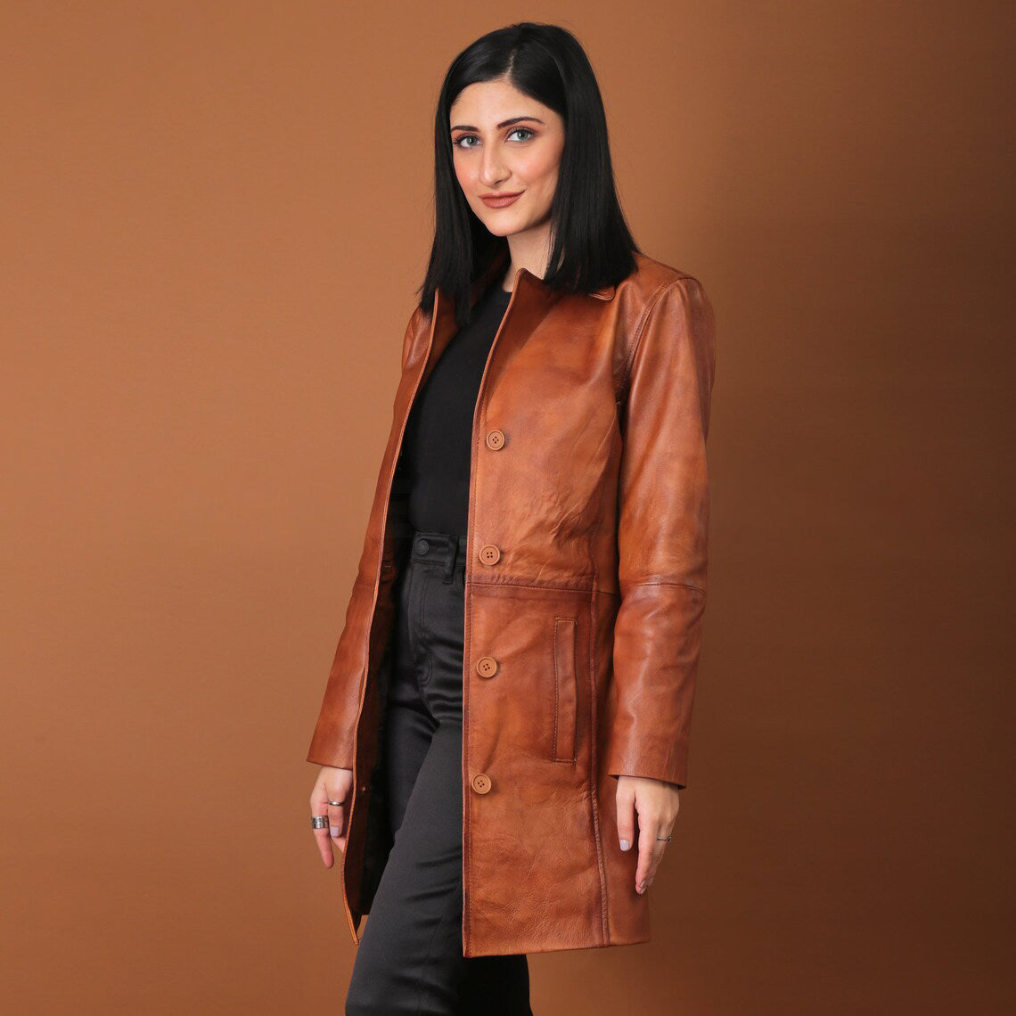 Timeless Elegance Handmade Tan Leather Trench Coat for Women