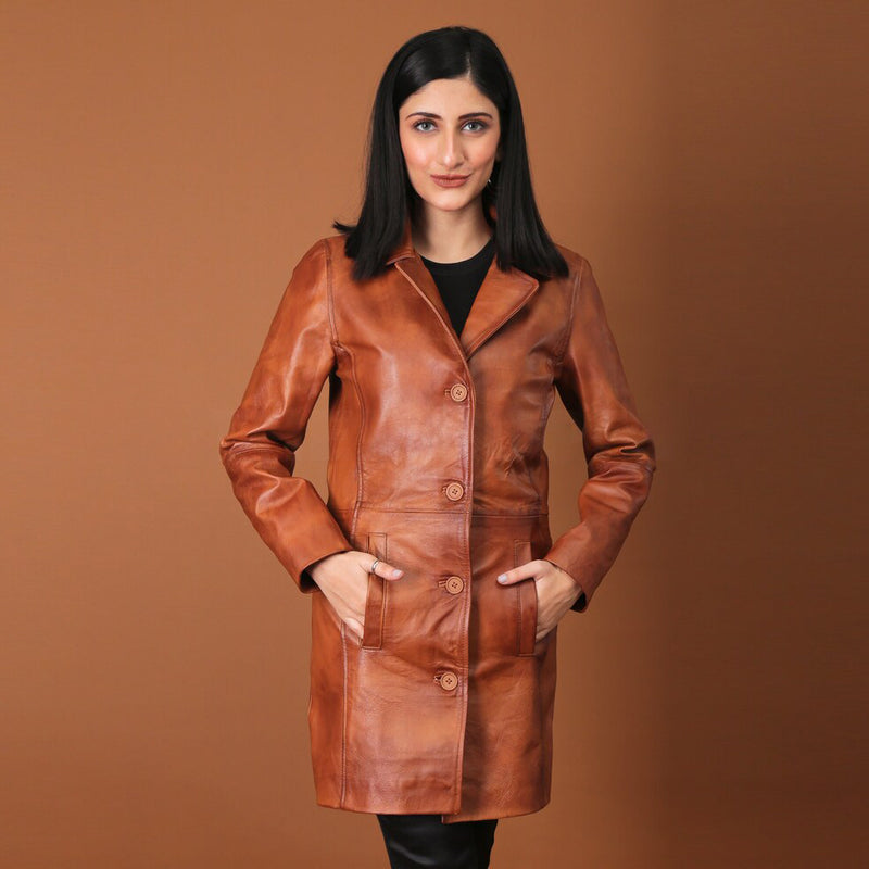 Timeless Elegance Handmade Tan Leather Trench Coat for Women